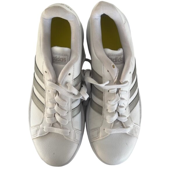 Adidas Grand Court Sneaker 9 White and Silver Platinum Metallic 3 Stripes F36485 - Picture 7 of 9